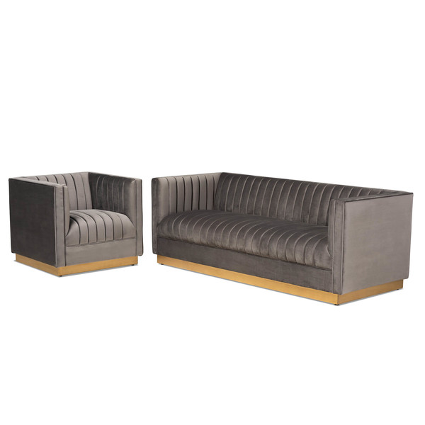 Baxton Studio Aveline Grey Velvet Upholstered Gold Finished 2-Piece Living Room Set 161-9785-9787
